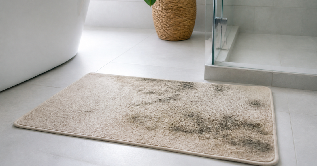 Tapis de bain avec traces de moisissure visibles, signe d'humidité à traiter rapidement