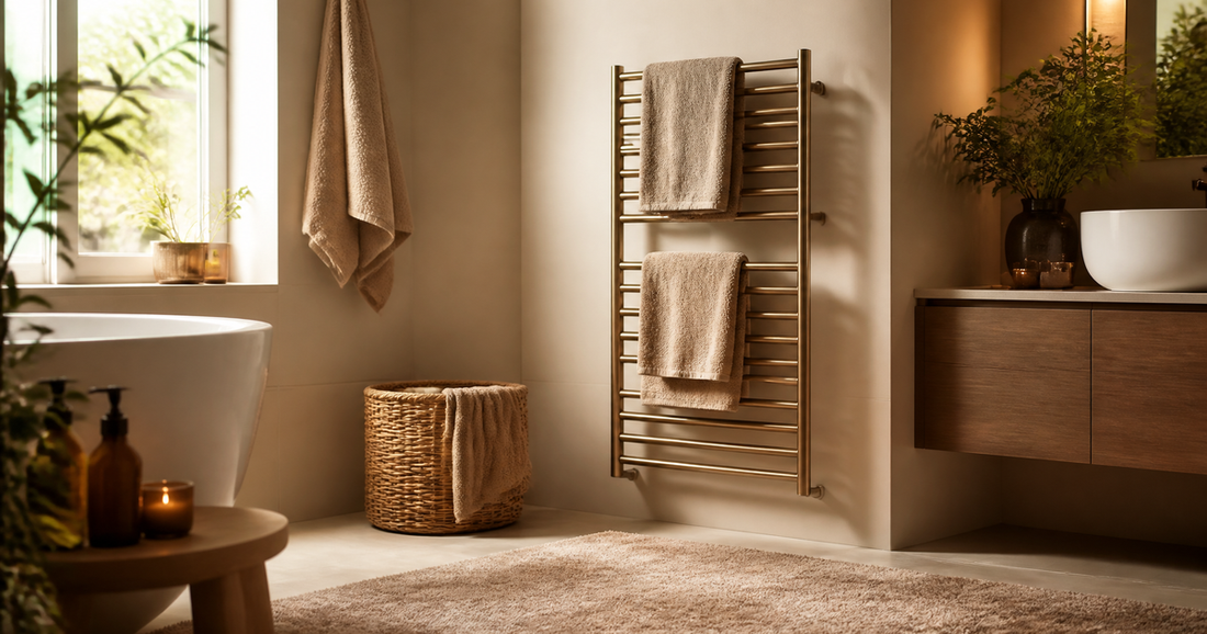Salle de bain chaleureuse avec sèche-serviettes et tapis épais, astuces pour réchauffer sans travaux