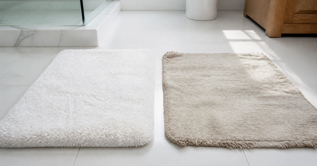 Comparaison d'un tapis de bain neuf et d'un tapis usé aux fibres aplaties, durée de vie par matière