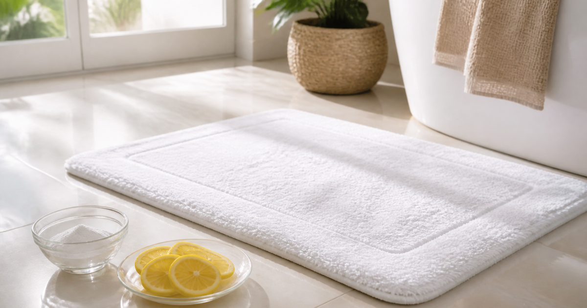 Tapis de bain blanc éclatant sur sol carrelé, entretien naturel au percarbonate et citron