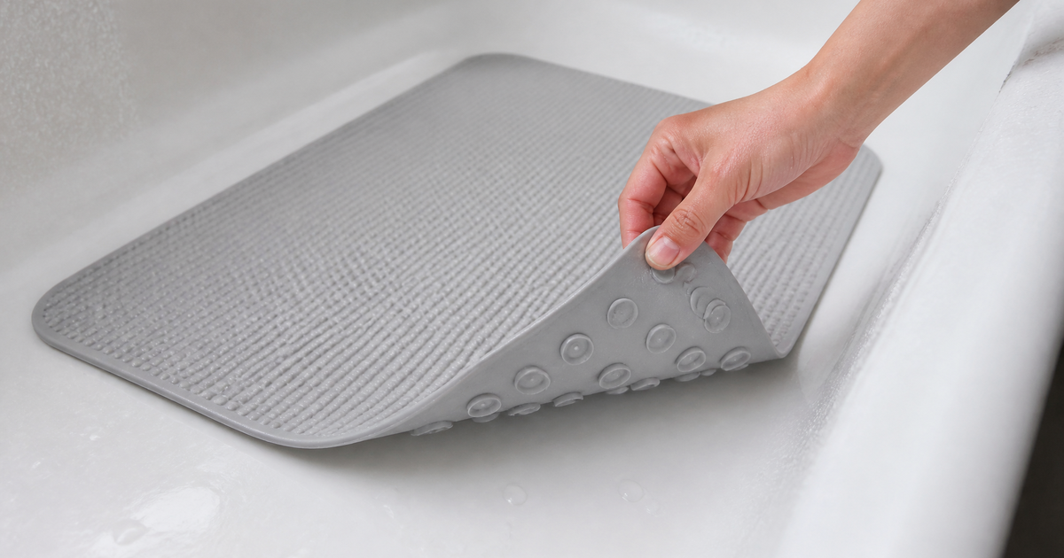 Pose d'un tapis de baignoire à ventouses sur le fond d'une baignoire, entretien et fixation