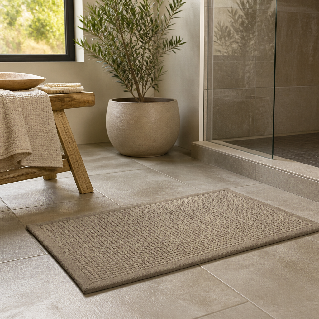 Tapis de bain antidérapant beige posé au sol dans une salle de bain lumineuse, plante et banc en bois