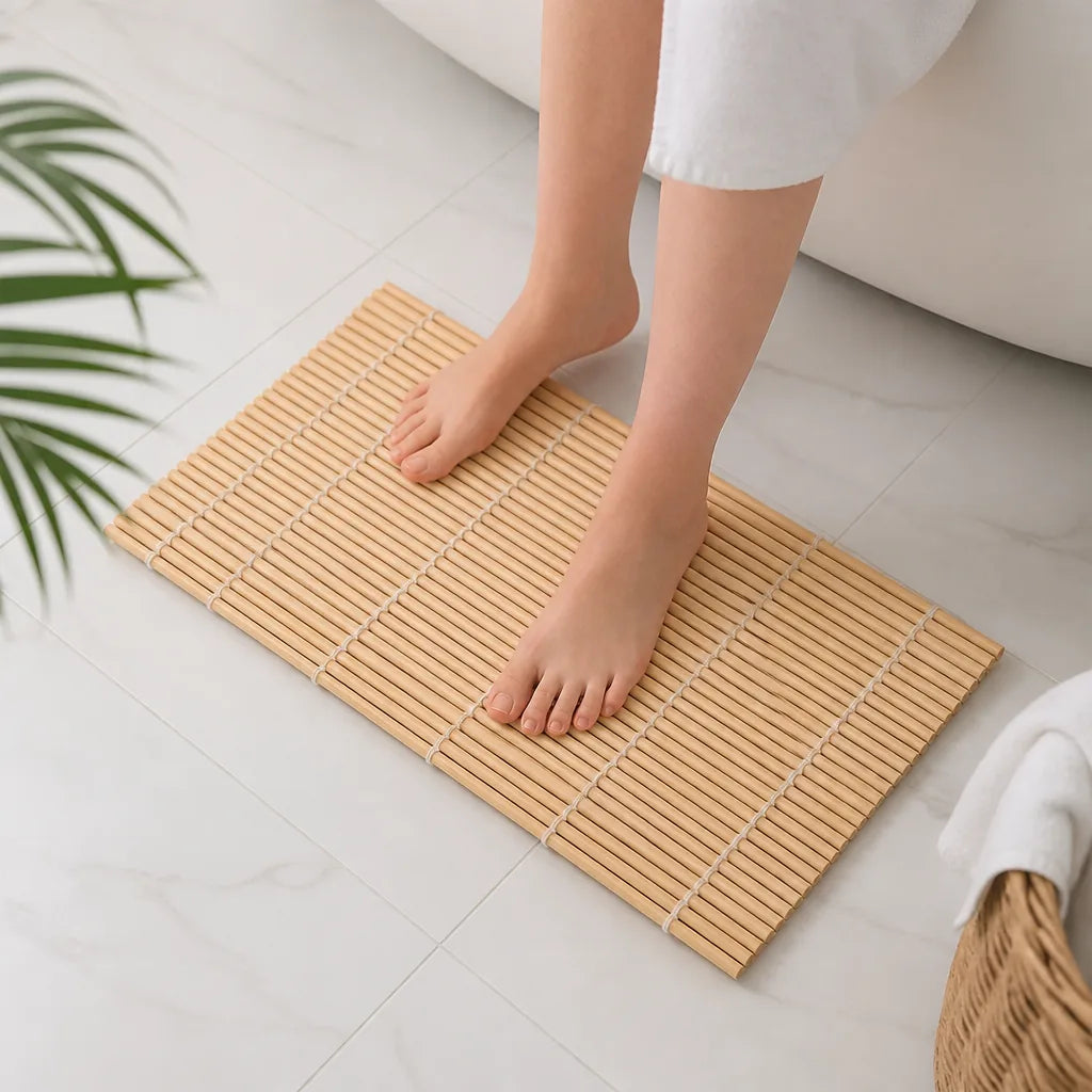 Tapis De Salle De Bain En Bambou Teinté Blanc
