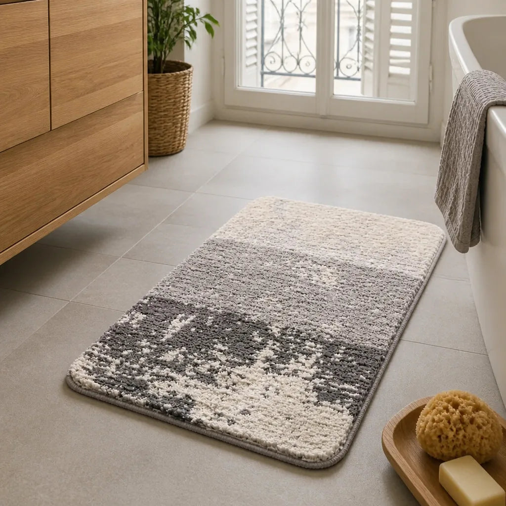 Tapis salle de bain gris et blanc